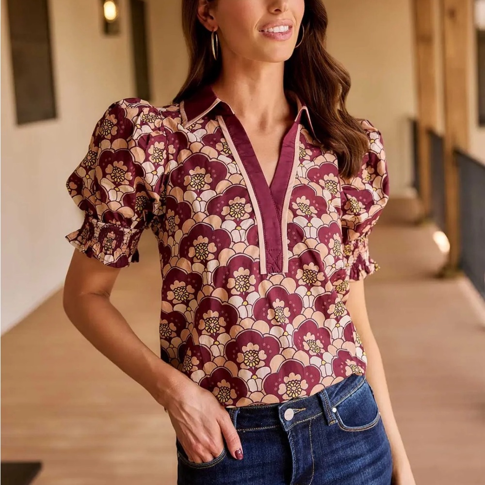 AVARA / Entro Lucille Maroon Block Print Top - NWT